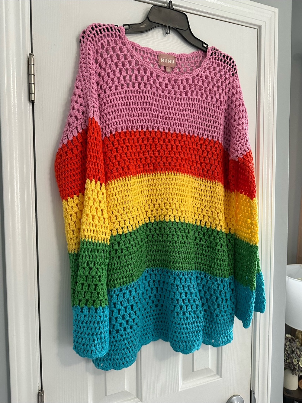 Mumu Rainbow Crochet Knit Sweater - Pink, Red, Yellow, Green, Blue - Picture 3 of 7